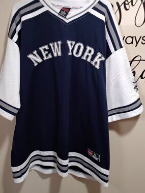 Vintage Kenpo Sports New York V-Neck Mesh Jersey Shirt Navy White Mens XL